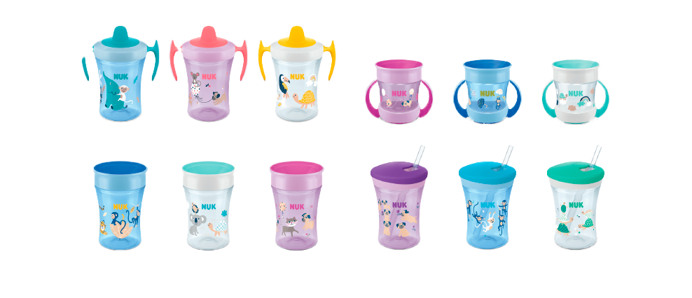 La bebida debe verse atractiva también! Es por eso que los Vasos NUK Evolution vienen en colores fantásticos y lindos diseños con un tigre, koala u osito.